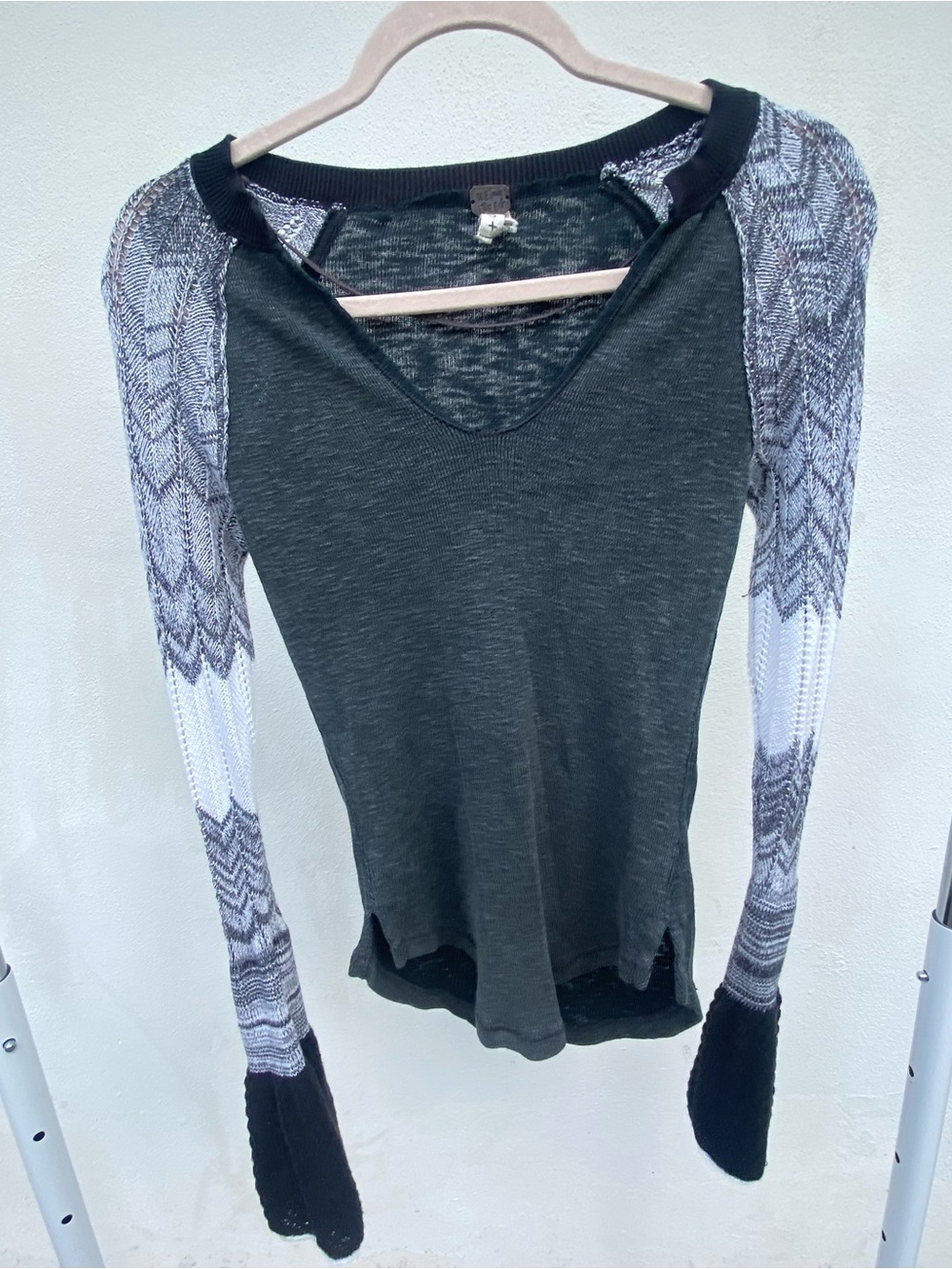 Free People Black & Grey Knit Bell Sleeve Mixed Media Henley Size Small